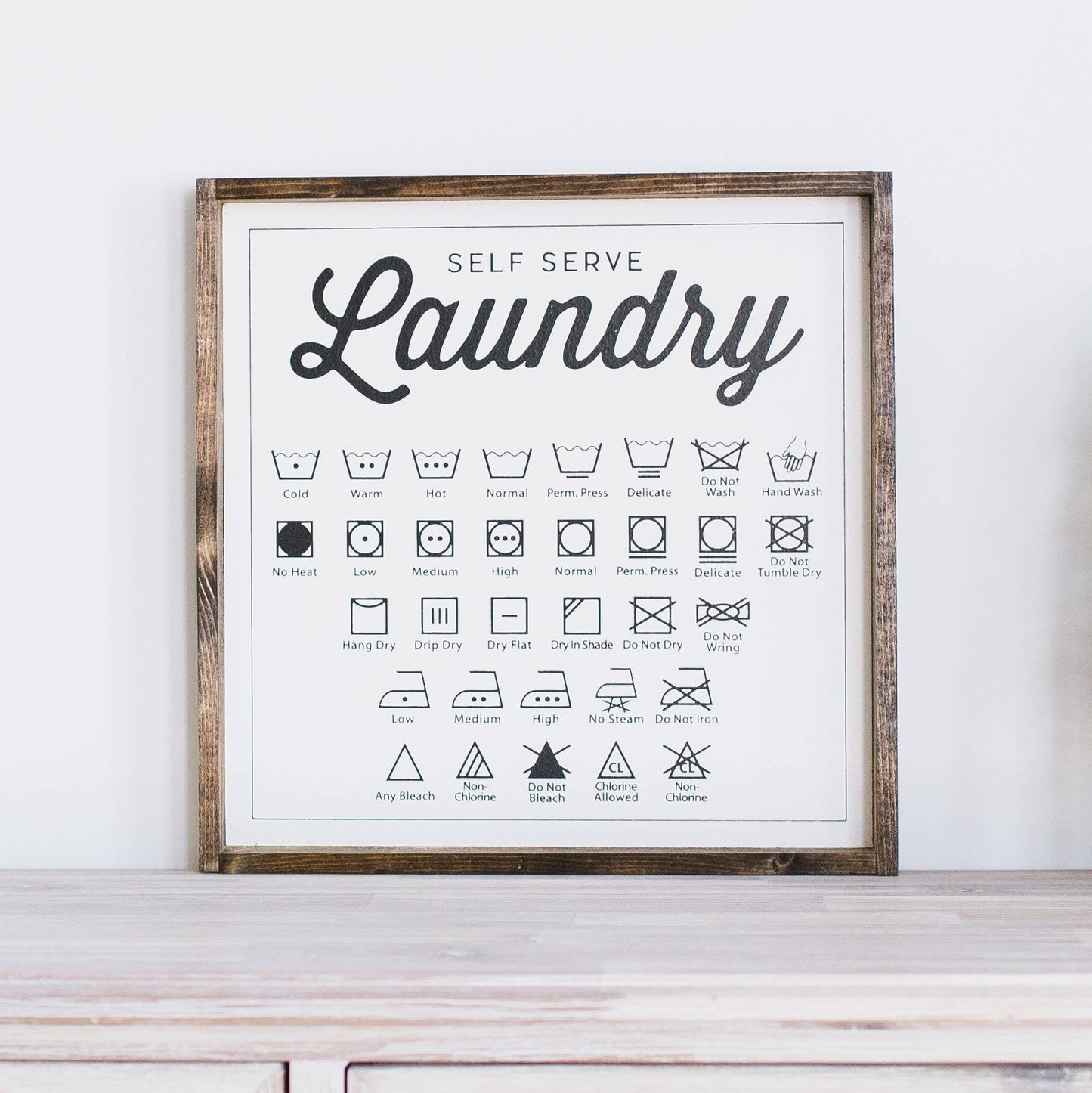 Laundry Symbols Wood Sign: White