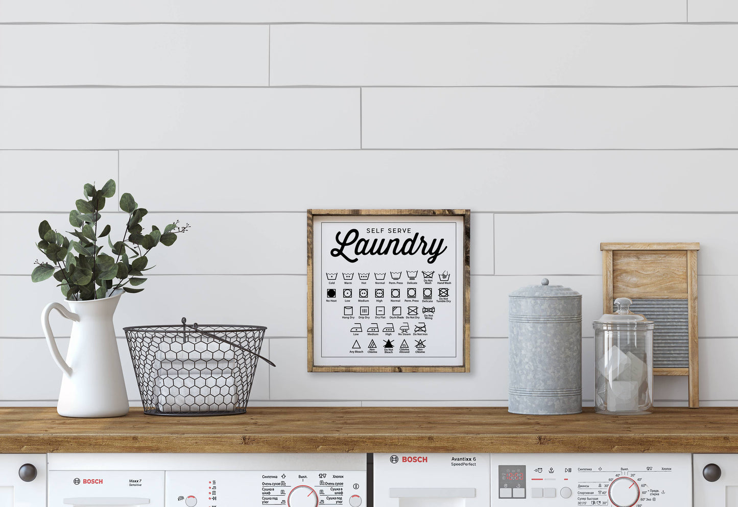 Laundry Symbols Wood Sign: White