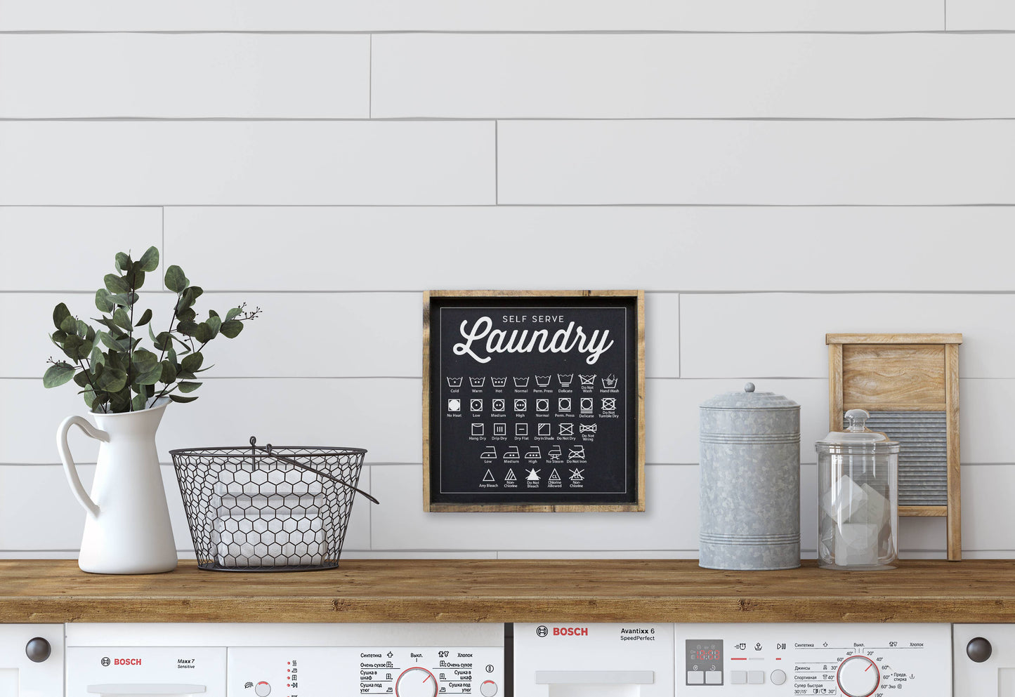 Laundry Symbols Wood Sign: White