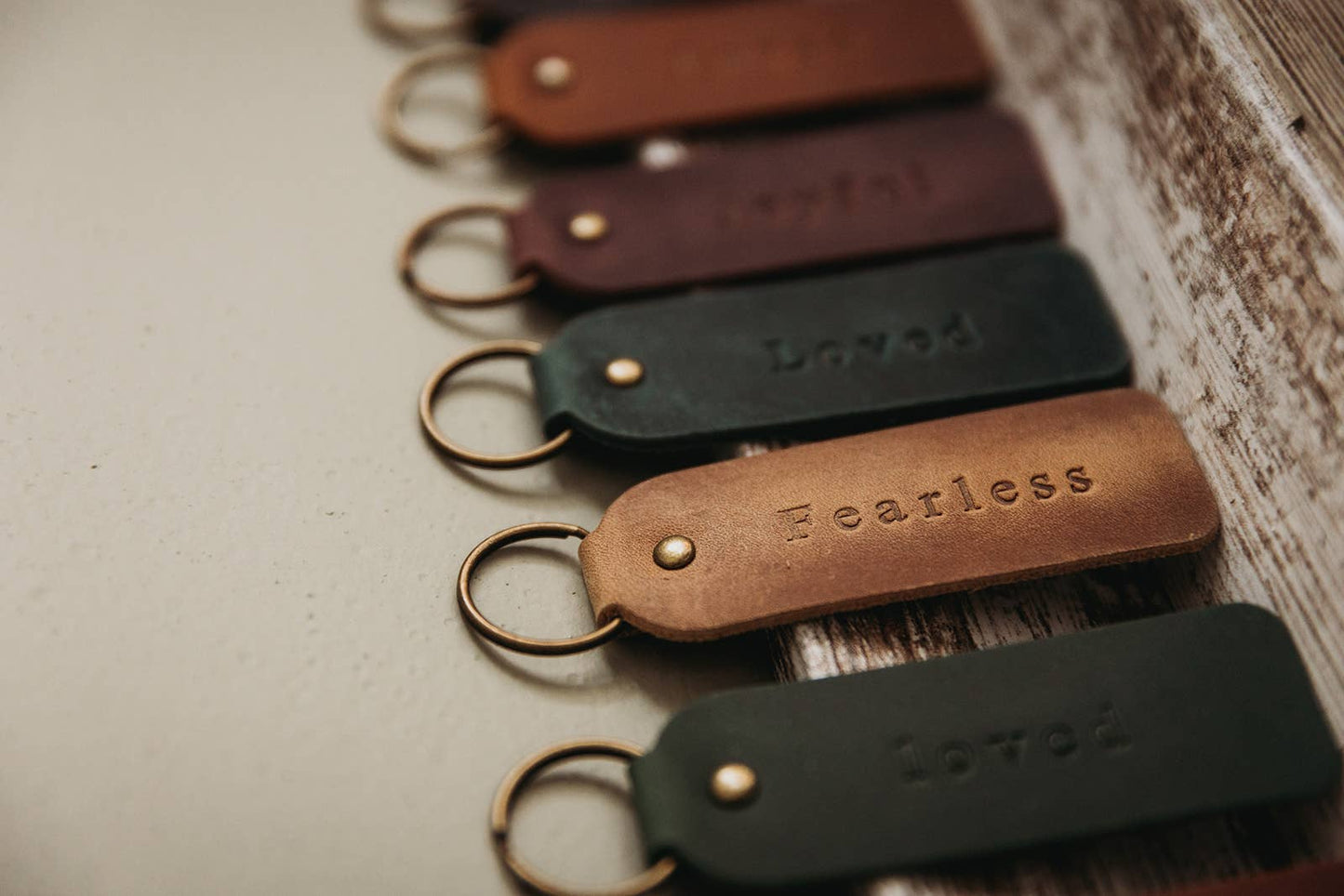 Leather Encouragement Keyrings: Evergreen / L o v e d