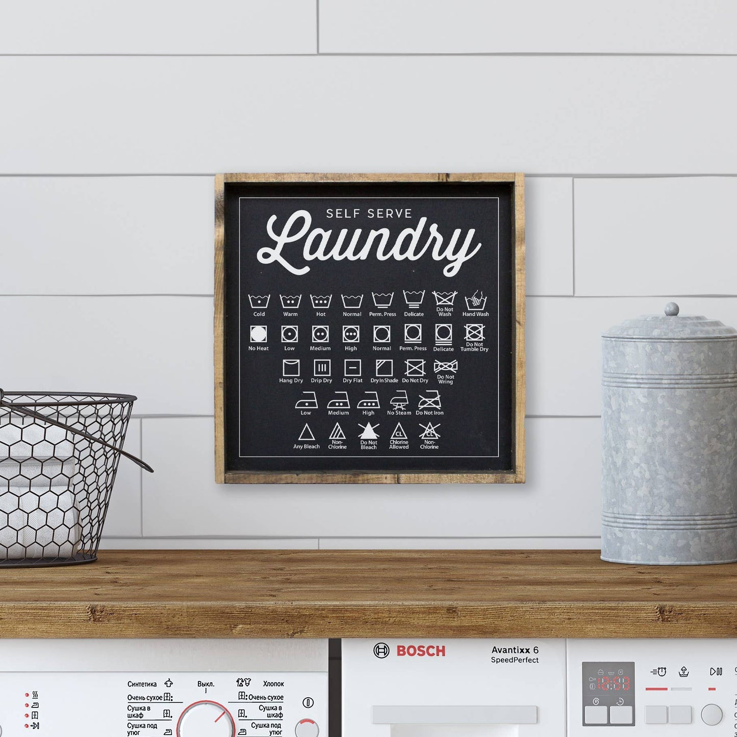 Laundry Symbols Wood Sign: White