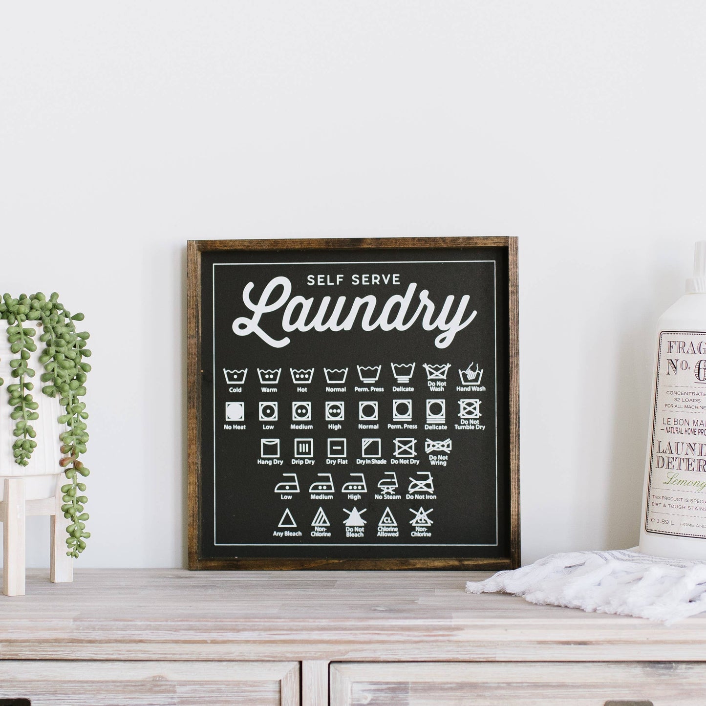 Laundry Symbols Wood Sign: White
