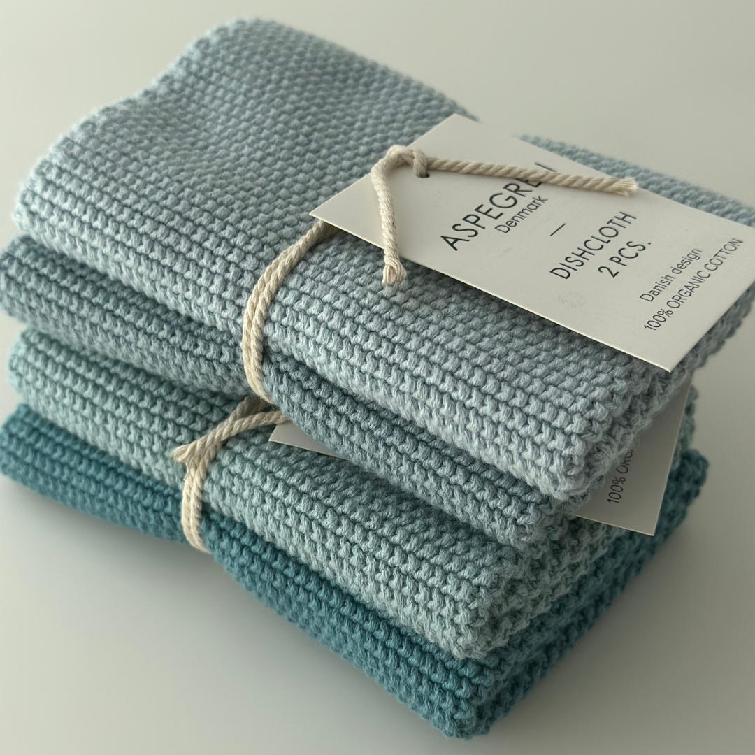 Dishcloths - 100% Orgainc Cotton - Set of two - Knitted - Solid - Aqua: 6 sets of two / 26x26 cm