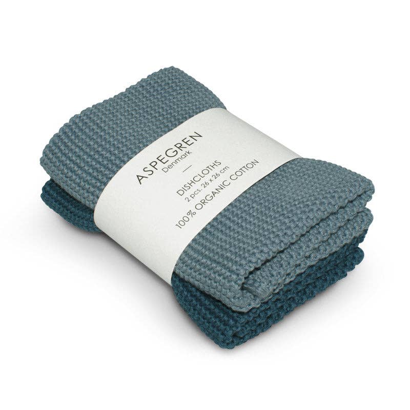 Dishcloths - 100% Orgainc Cotton - Set of two - Knitted - Solid - Blue: 6 sets of two / 26x26 cm