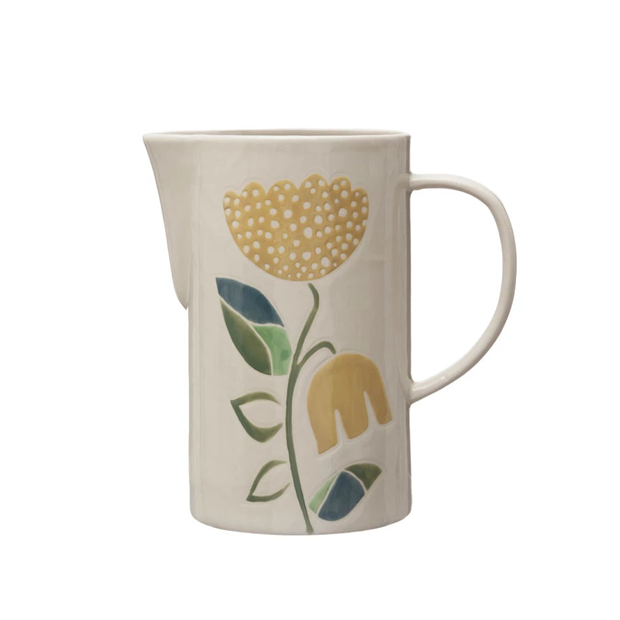 Wax Relief Flower Stoneware Pitcher