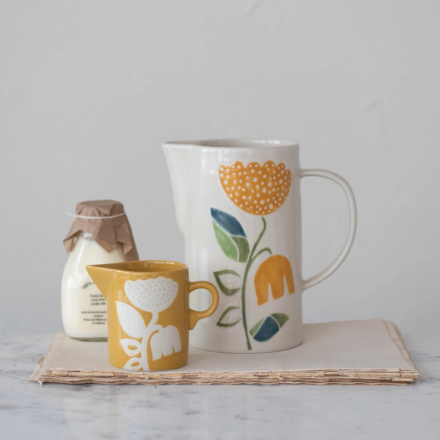 Wax Relief Flower Stoneware Pitcher