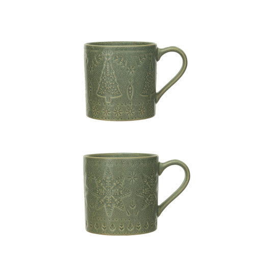 Debossed Stoneware Holiday Mug Green