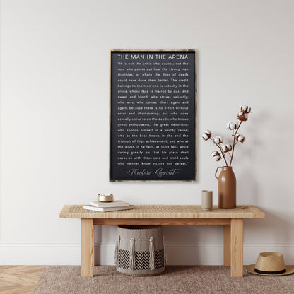 The Man in the Arena Wood Sign: White / 18” x 24”.