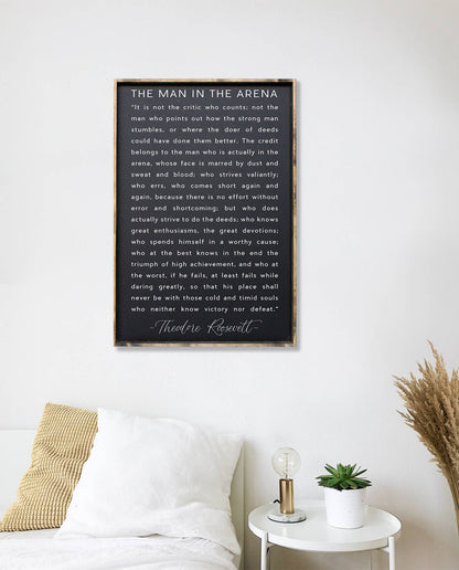 The Man in the Arena Wood Sign: White / 18” x 24”.