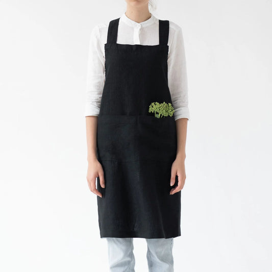 Linen Crossback Apron Black