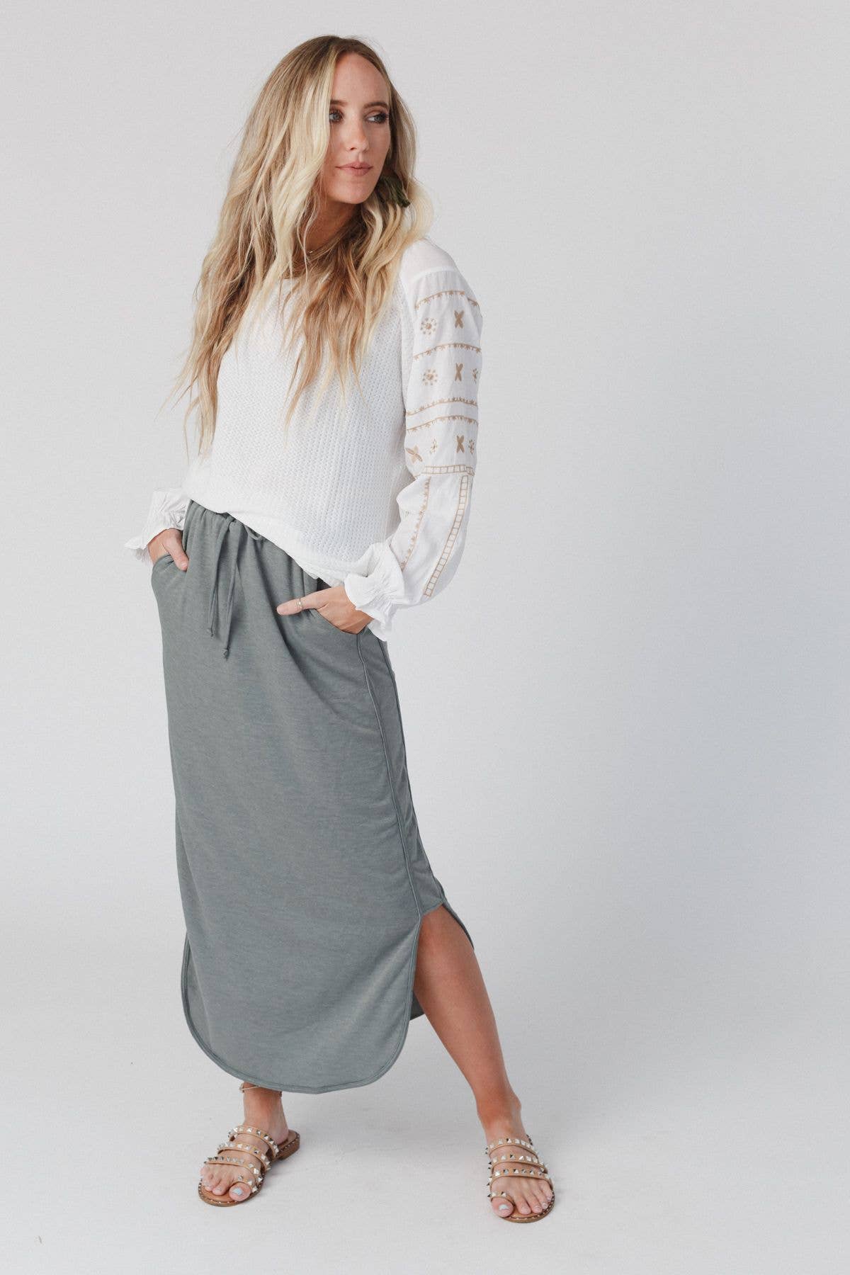 So Comfy Drawstring Maxi Skirt - Light Olive: XL