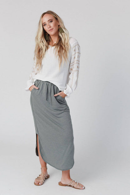 So Comfy Drawstring Maxi Skirt - Light Olive: XL