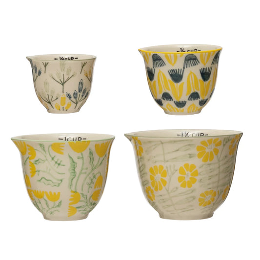 Hand Stamped Flowers Stoneware Measuring Cups