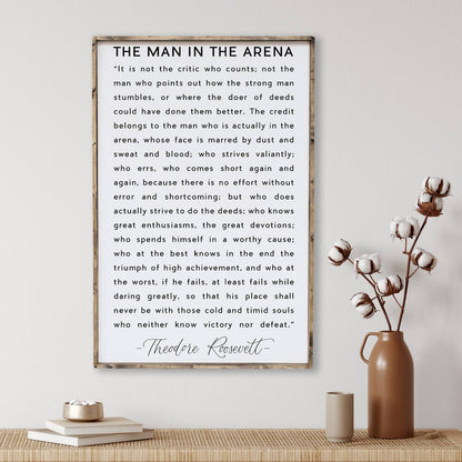 The Man in the Arena Wood Sign: White / 18” x 24”.
