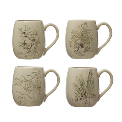 Debossed Stoneware Mug Botanical Pattern Cream