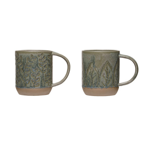 Debossed Stoneware Mug Leaves Matte Green